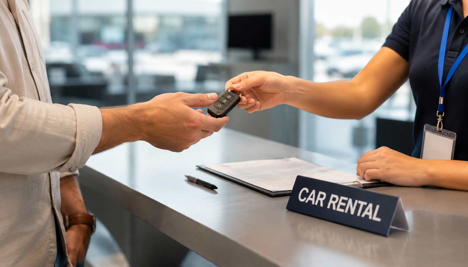 DiscoverCars rental car key handover at counter after booking