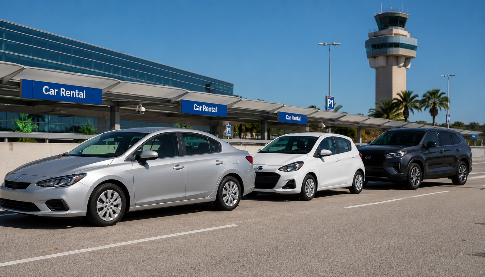 Rentalcars.com airport rental fleet visible from terminal