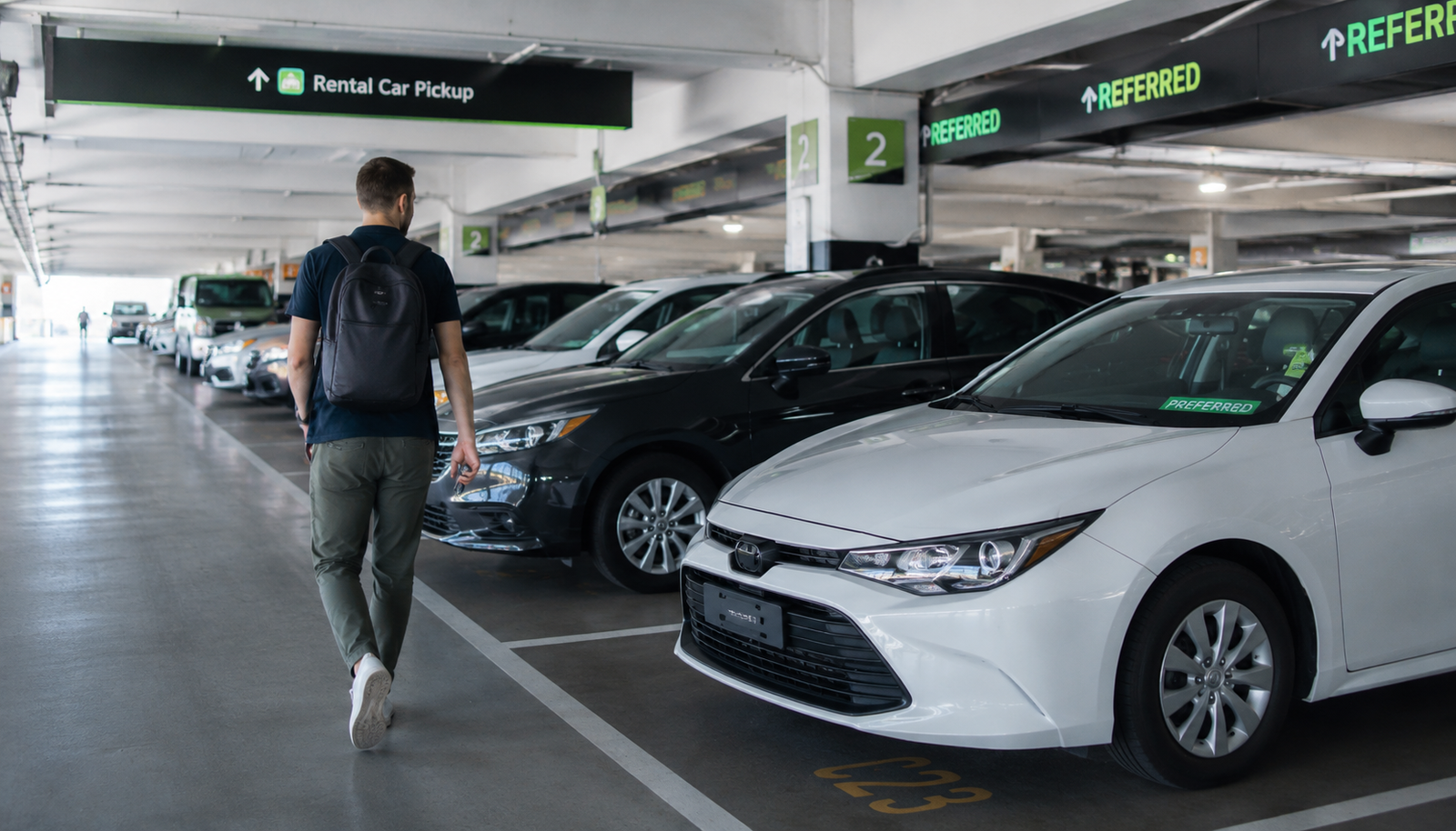 Sunny Cars rental pickup point in airport parking garage