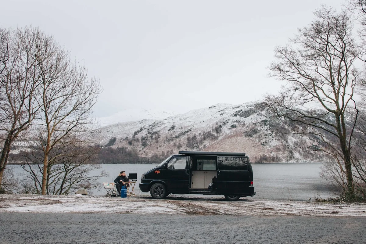 Vanlife digital nomad working with best mobile internet setup parked in mountain landscape