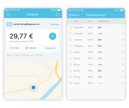 DrimSim eSIM app showing full control over data usage and balance for travelers