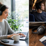 Remote worker wearing headphones in a cafe