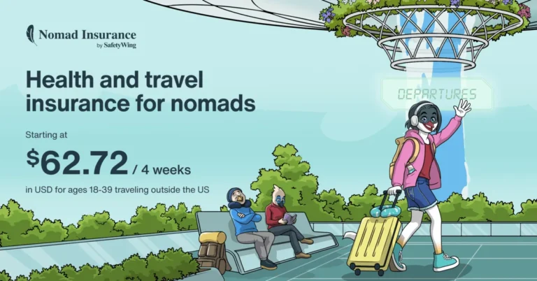SafetyWing Nomad Insurance dashboard showing plans and pricing for digital nomads
