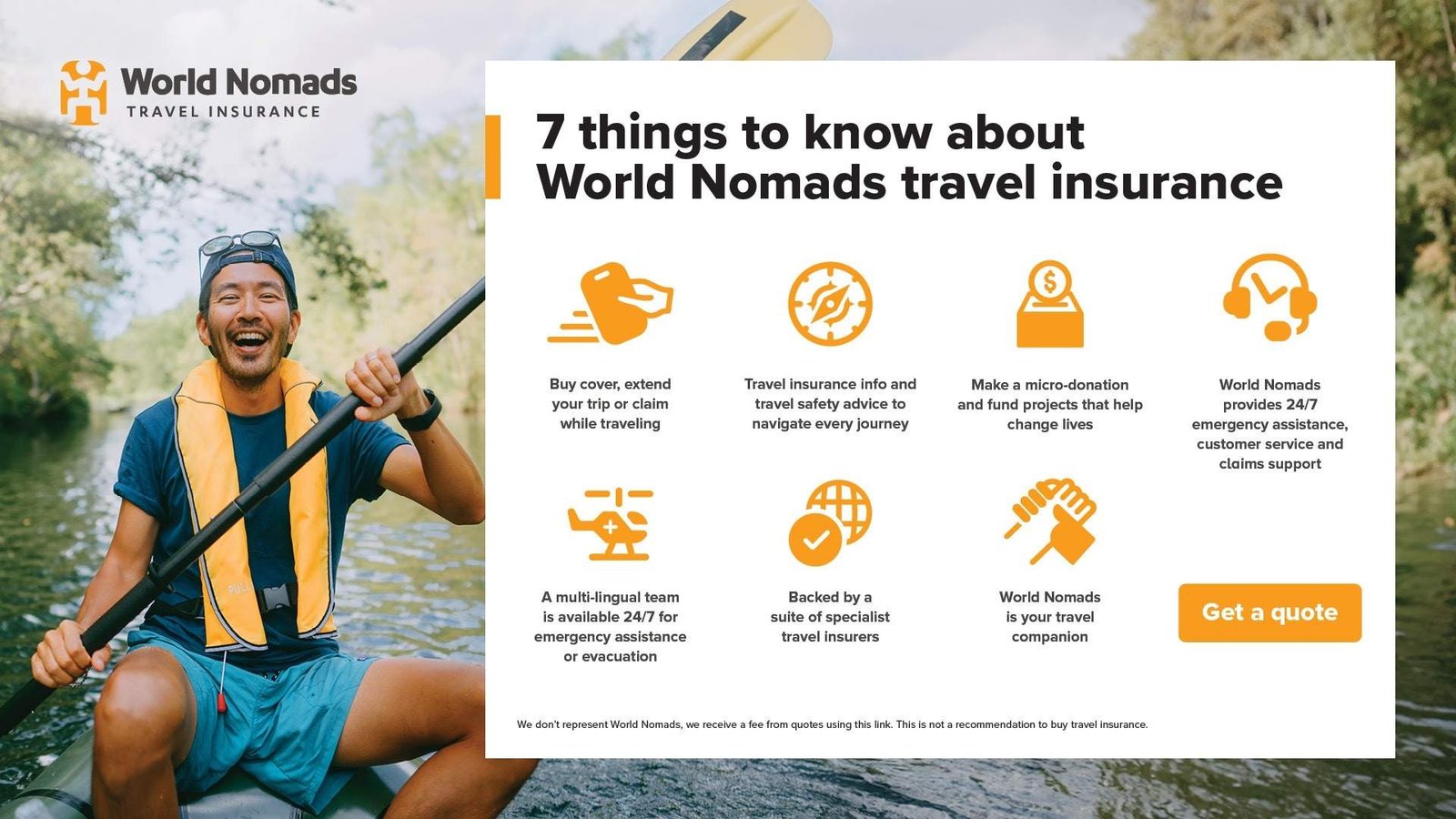 World Nomads travel insurance landing banner with kayaker and 7 things to know