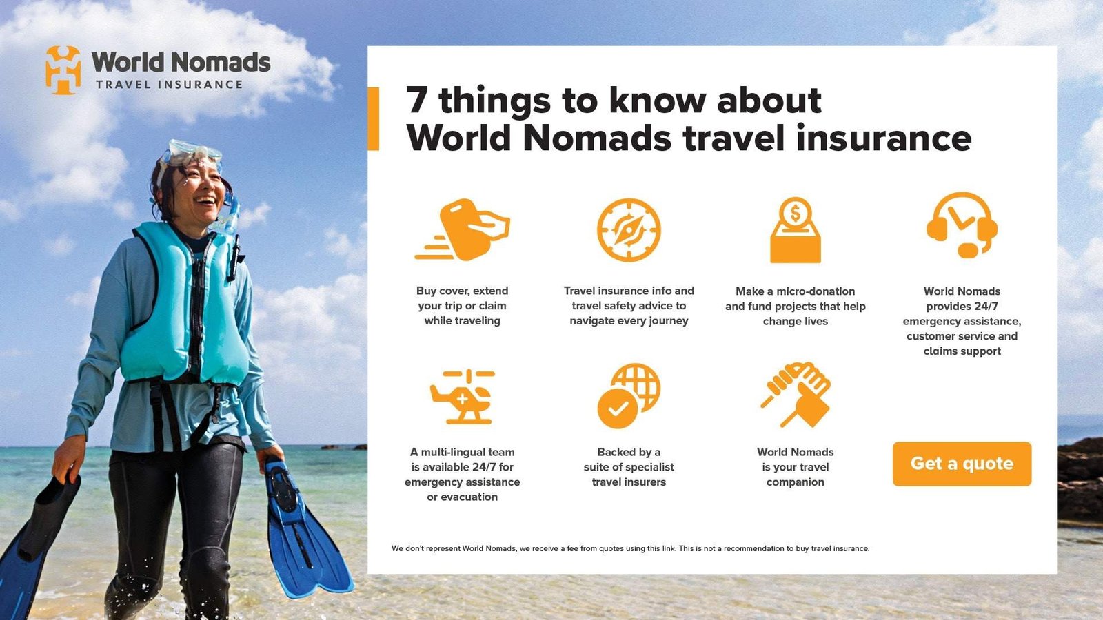 World Nomads travel insurance landing banner with snorkeling traveler and 7 things to know