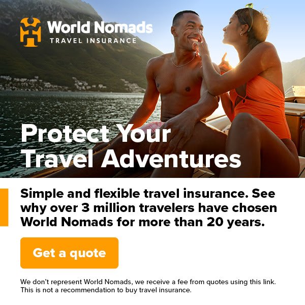 World Nomads travel insurance protect your travel adventures couple by the sea square banner
