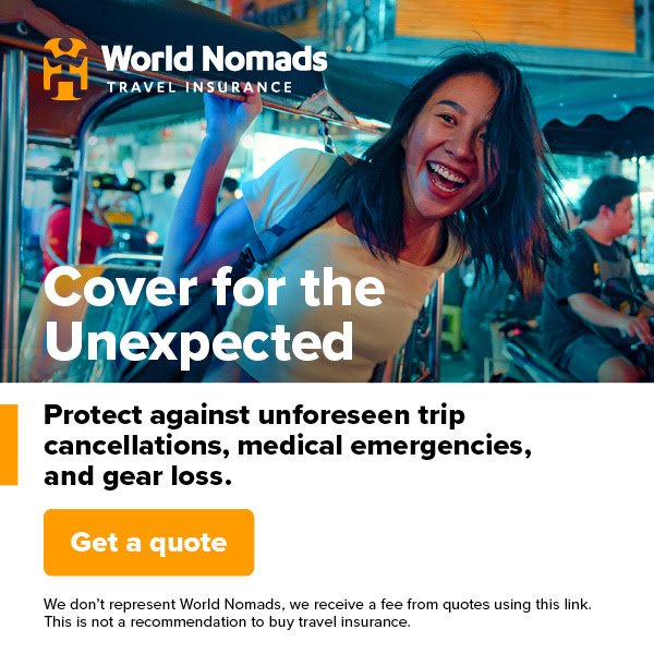 World Nomads travel insurance cover for the unexpected square banner with tuktuk traveler