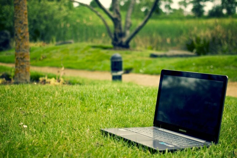 Laptop set up outdoors representing off-grid work power for digital nomads