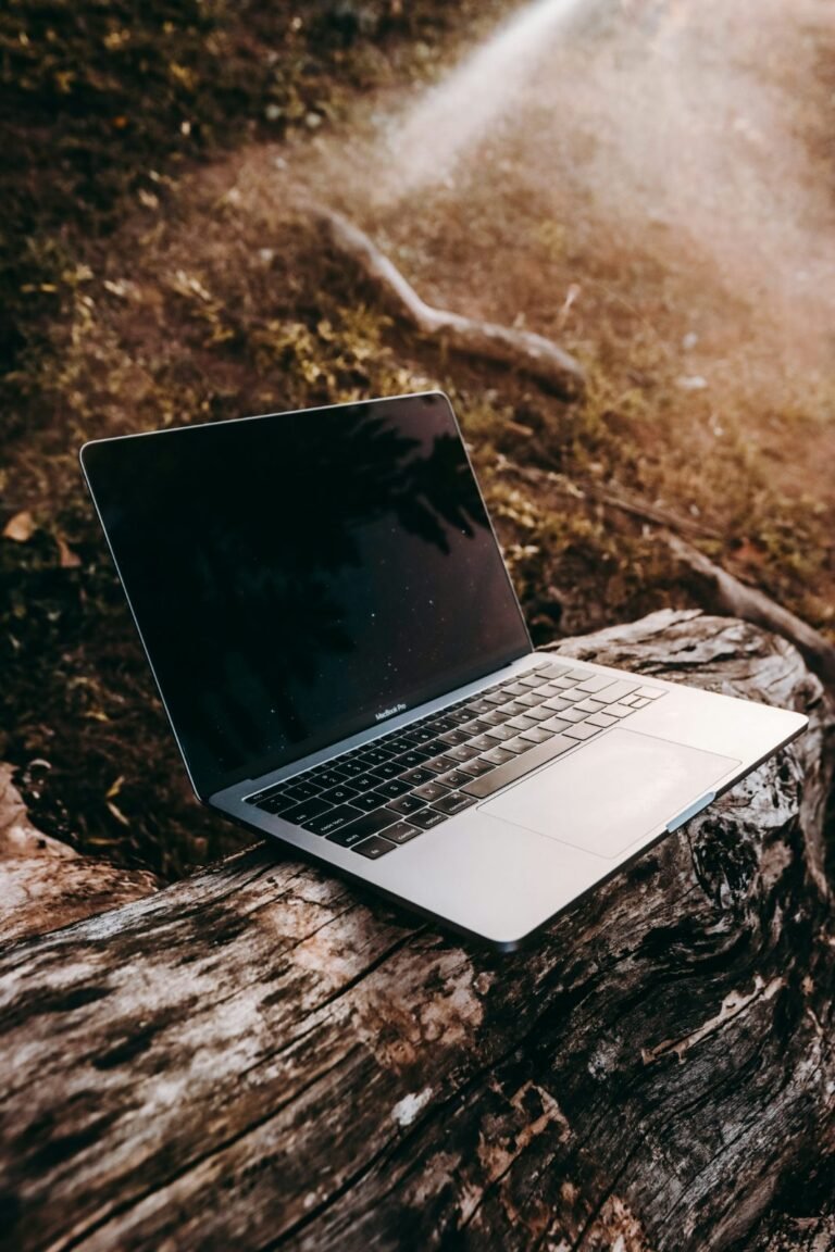 Laptop resting on a rock outdoors, representing planning and productivity while traveling