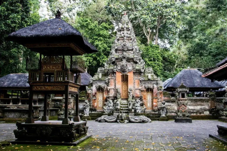 Moss-covered temple gate inside the Sacred Monkey Forest Sanctuary in Ubud