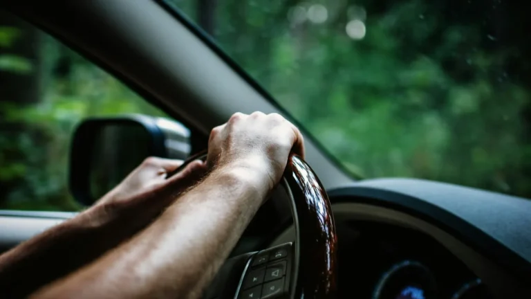 Driver holding the steering wheel of a car on a forest road