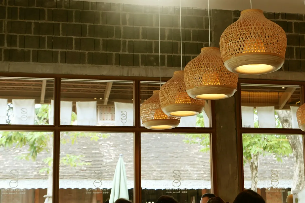 Cafe in Chiang Mai with woven lamps and big windows