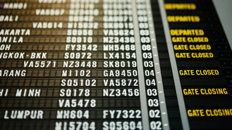 Airport departures board with gate closing notices for flights across Asia