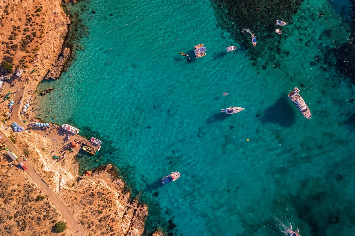 Aerial view of the Blue Lagoon at Comino, Malta