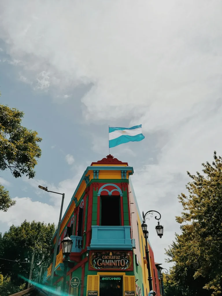 Colorful Caminito building with Argentine flag in La Boca, Buenos Aires