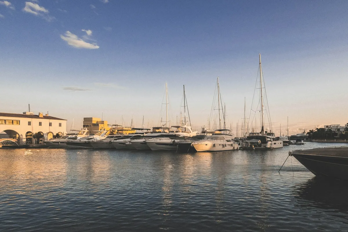 Limassol marina at sunset with yachts, Cyprus