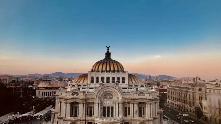 Palacio de Bellas Artes and the Mexico City skyline at sunset