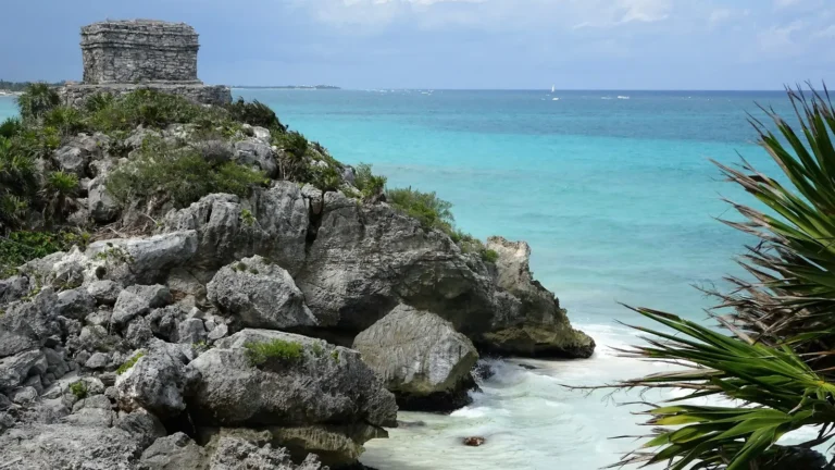 Mayan ruins of Tulum on a cliff above the Caribbean sea in Mexico