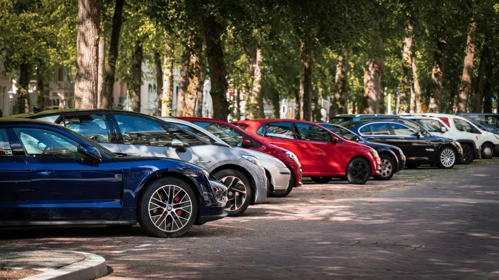 Row of parked cars on a tree lined street