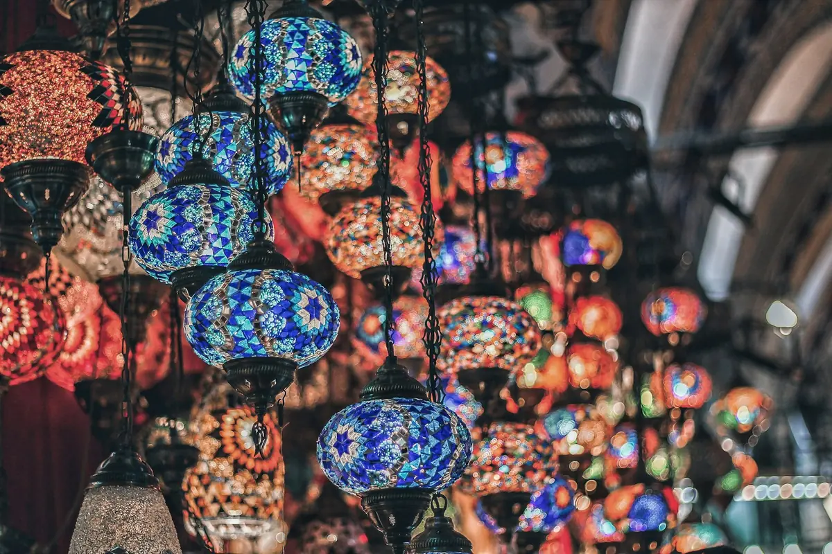 Colorful mosaic lamps hanging in Istanbul's Grand Bazaar