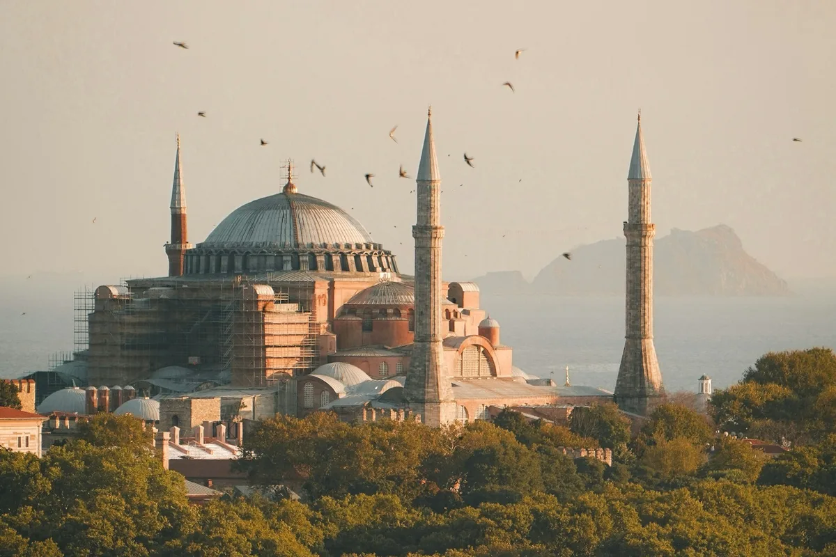 Hagia Sophia and the Bosphorus at sunset in Istanbul
