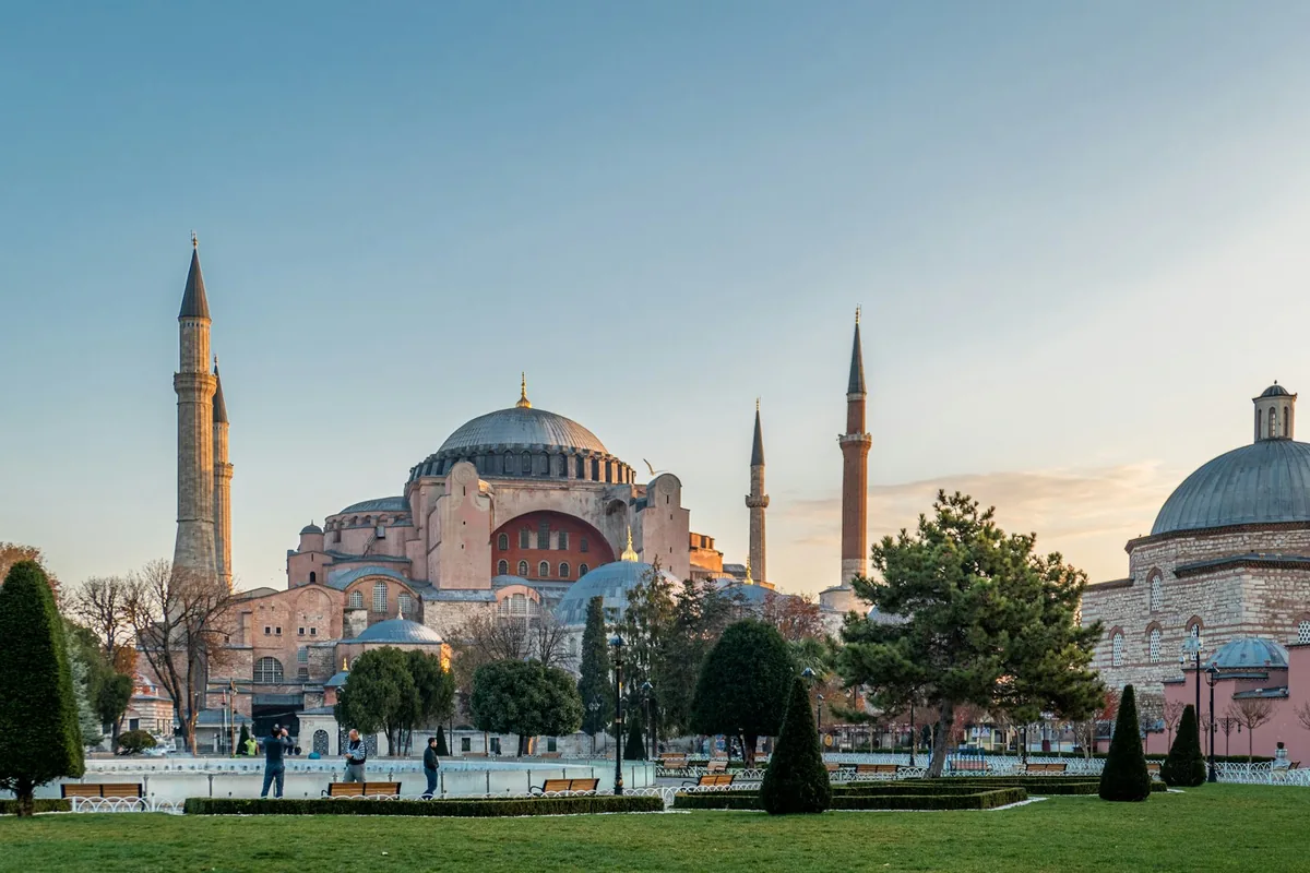 The Hagia Sophia's dome and minarets at sunset in Istanbul