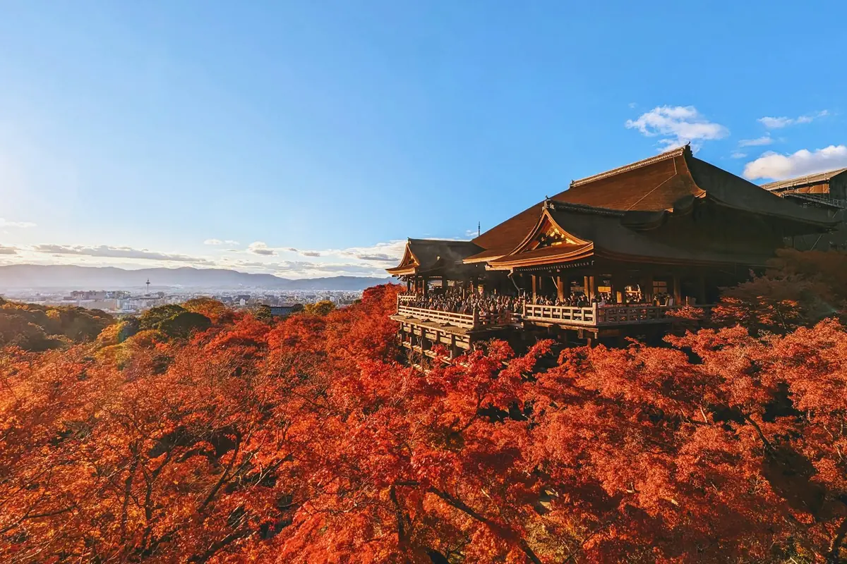 Kiyomizu-dera-Tempel umgeben von rotem Herbstlaub in Kyoto