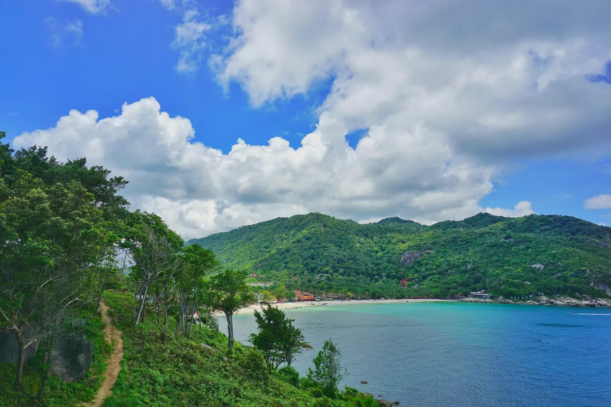 Aerial view of a turquoise bay on Koh Phangan
