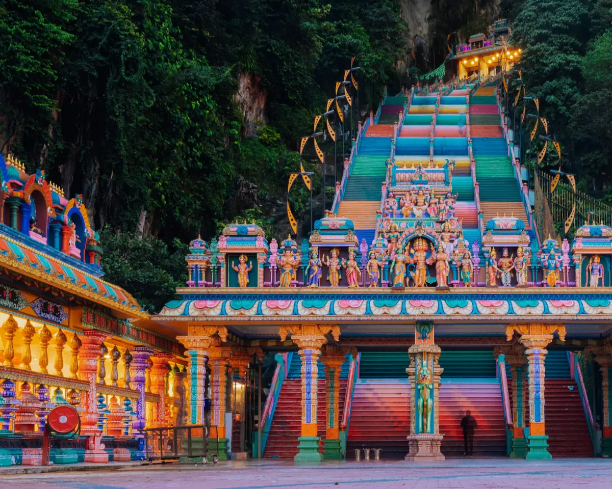 The colorful staircase and temple entrance at Batu Caves, Kuala Lumpur