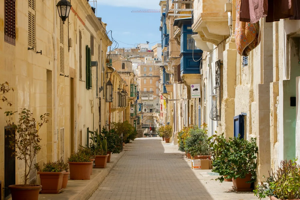 A brick street lined with potted plants in Malta