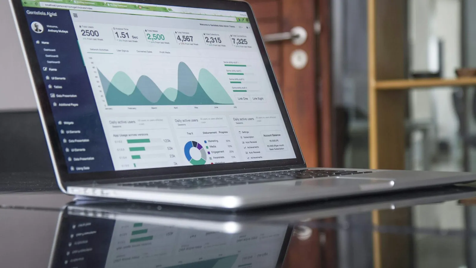 Laptop on a glass table showing an analytics dashboard with affiliate performance charts