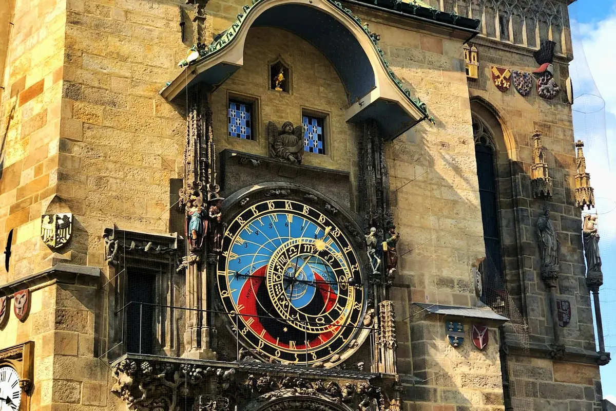 Close-up of the astronomical zodiac dial on Prague Old Town Hall tower
