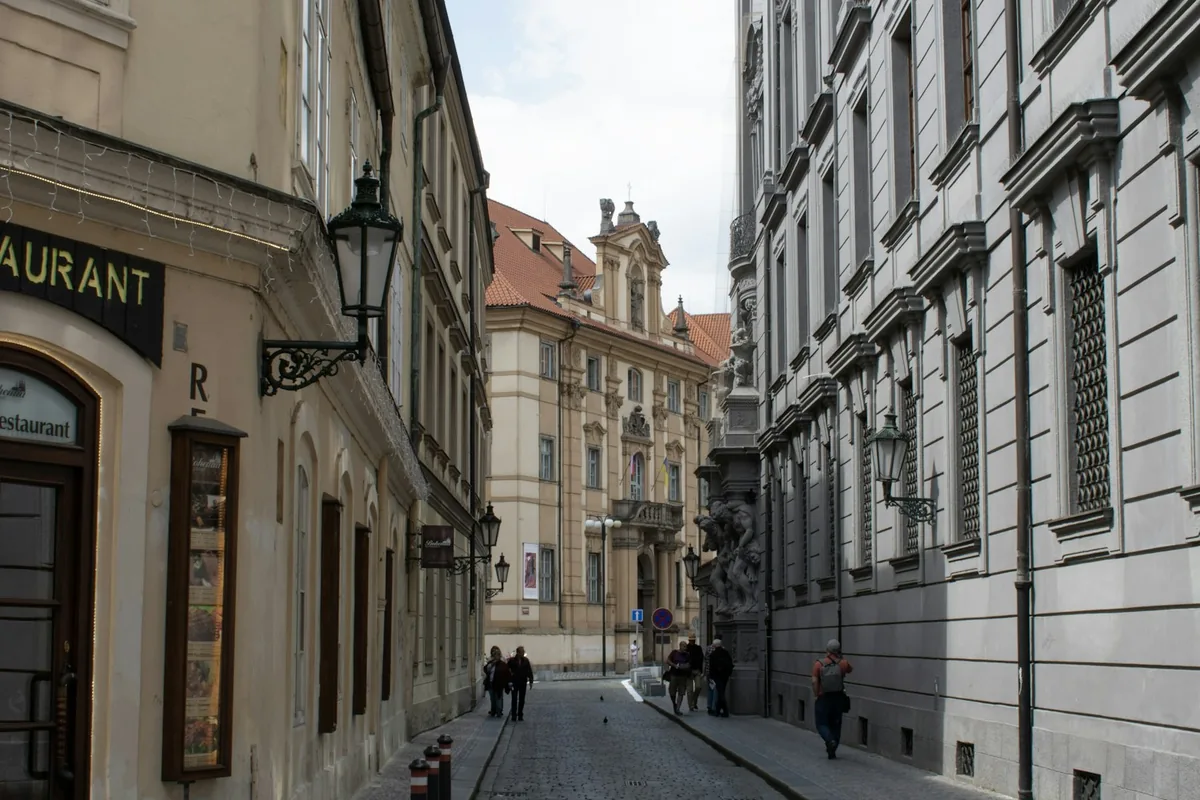 A cobblestone street in Prague's old town