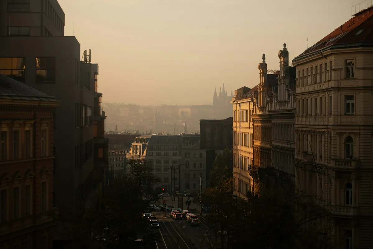 A residential Prague street at dusk