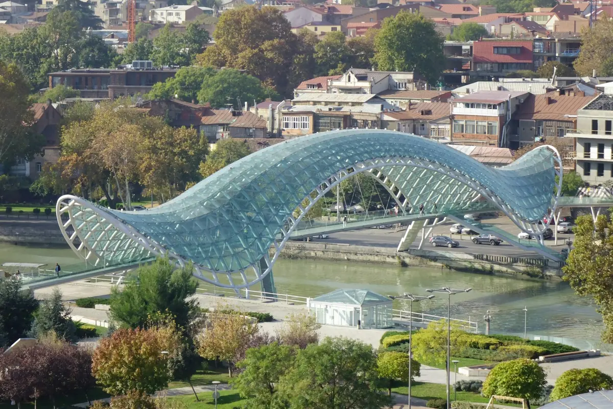 The glass and steel Bridge of Peace over the Mtkvari River in Tbilisi