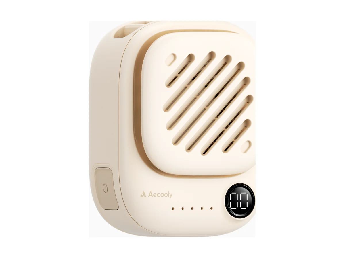 Aecooly Click 01, mini-nekventilator in crème met een gegroefde voorkant en een klein display