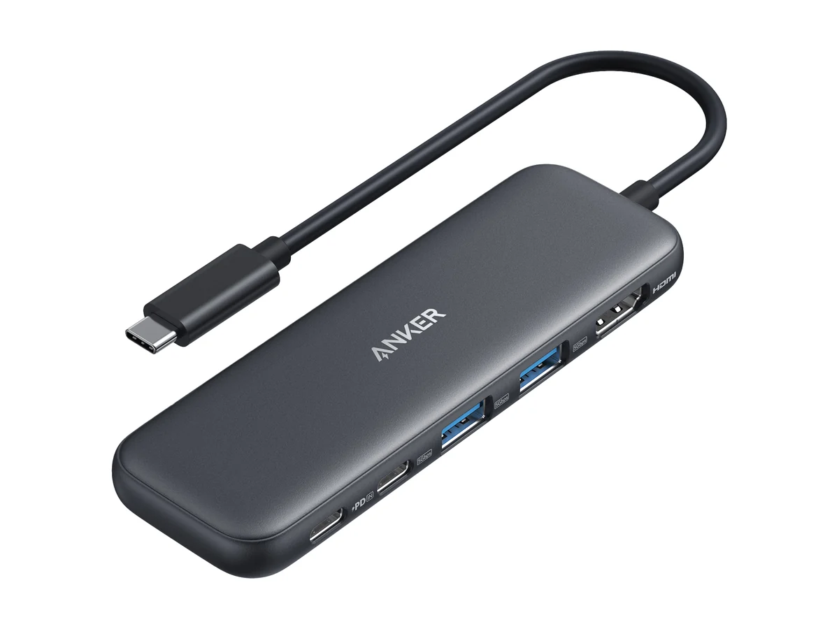 Anker 332 USB-C hub 5-in-1 in grijs met bijbehorende kabel