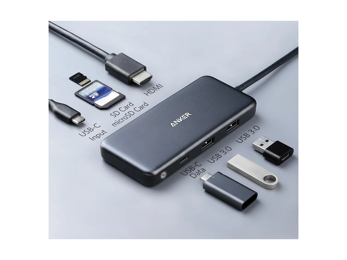 Anker 341 USB-C hub 7-in-1 met HDMI-, kaart- en USB-kabels eromheen, elke poort voorzien van label