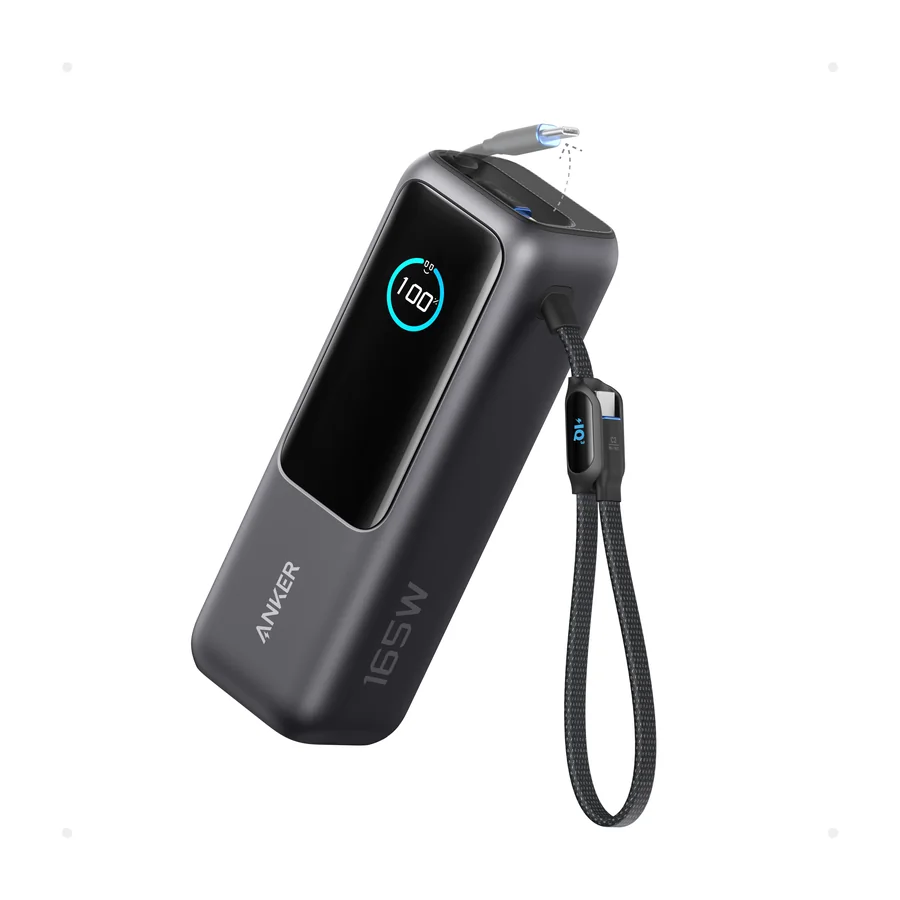 Anker laptop power bank 25,000 mAh 165 W in black with a built-in retractable cable and a round display