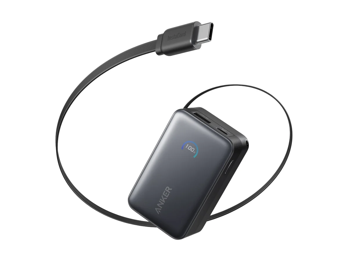 Anker Nano Power Bank 10K 45W in black with its retractable USB-C cable pulled out