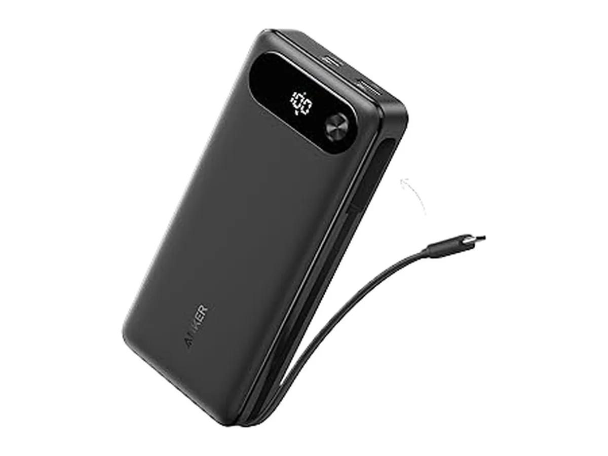 Black Anker 20,000mAh 87W power bank with a display on top and a built-in USB-C cable