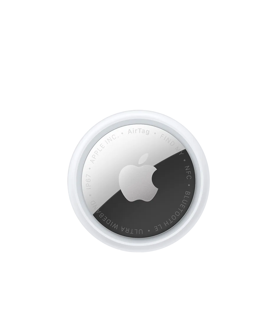 Apple AirTag, white disc with a silver Apple logo, front view