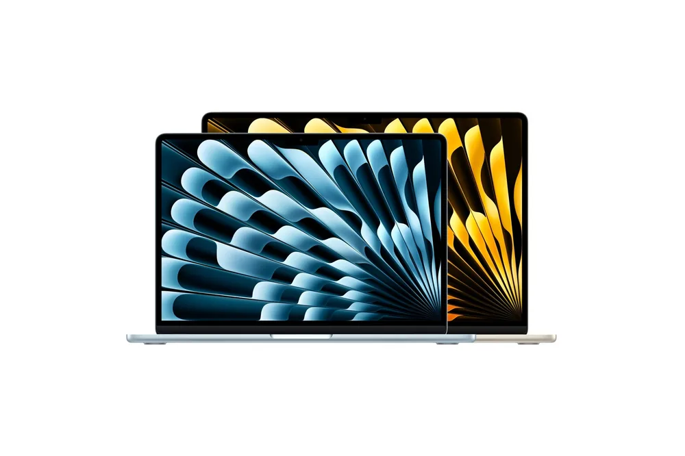 Apple MacBook Air in 13-inch and 15-inch sizes, seen from the front with an abstract wallpaper on the screens
