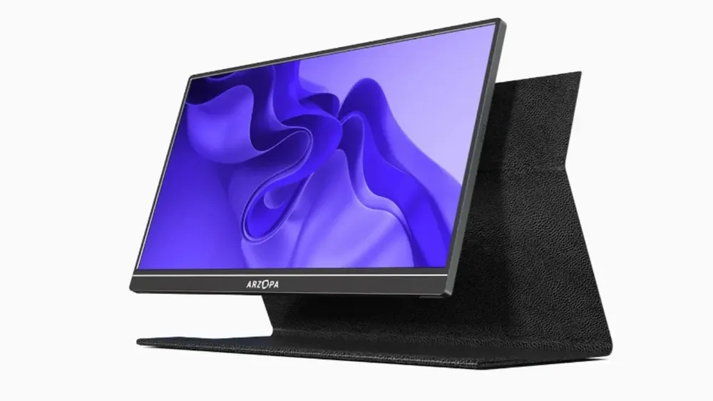 ARZOPA S1 15.6-inch portable monitor standing on its black protective case, purple abstract wallpaper on screen