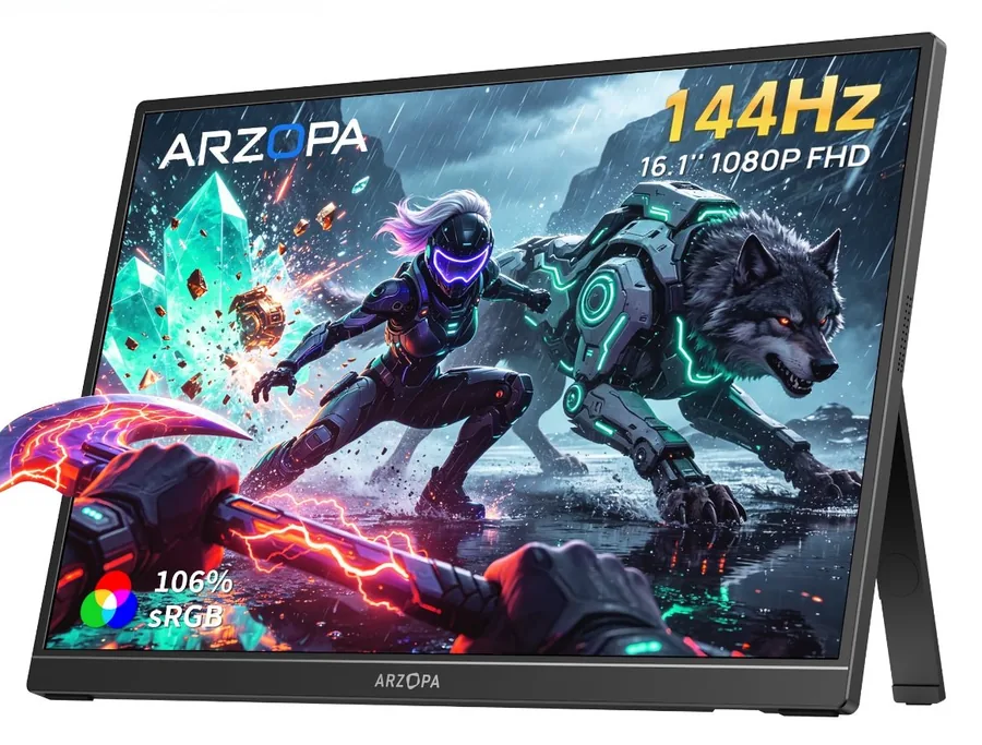 ARZOPA Z1FC 16.1-inch 144 Hz portable monitor standing on its built-in stand showing a game scene