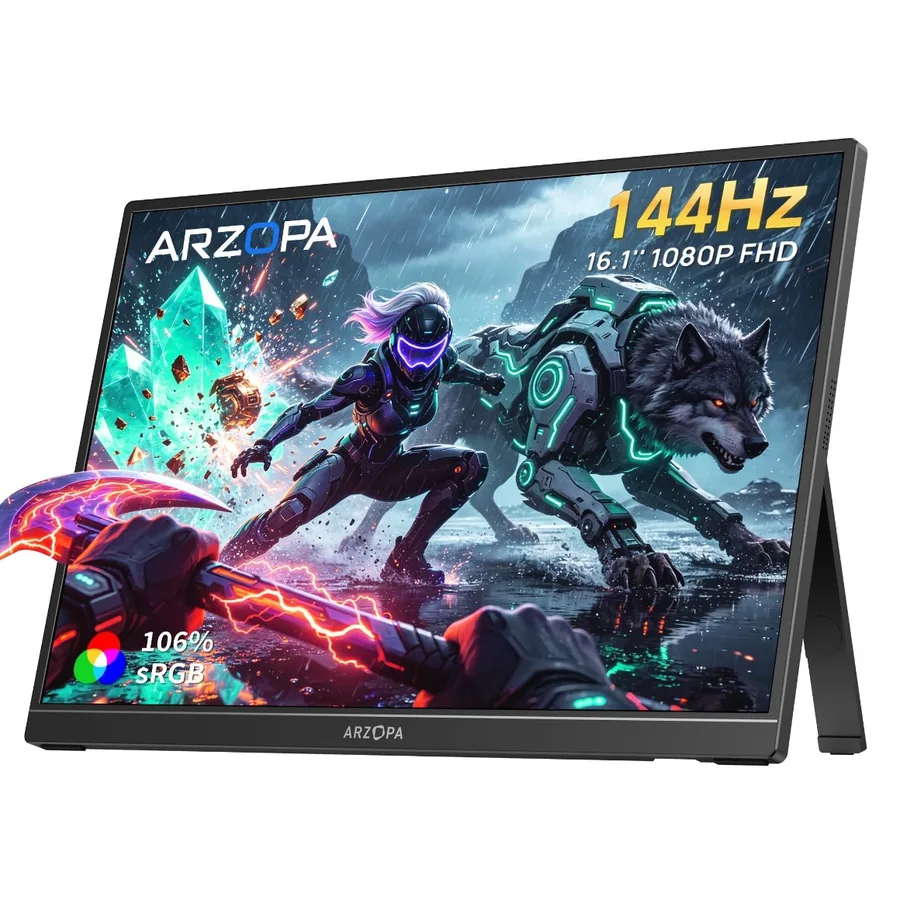 ARZOPA Z1FC 16.1-inch 144 Hz portable monitor on its built-in stand