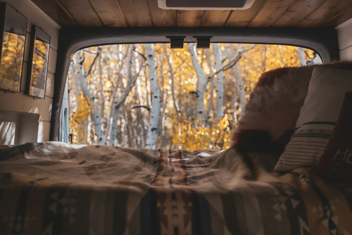 Uitzicht op herfstbomen door de open achterdeuren vanuit het interieur van een camperbus
