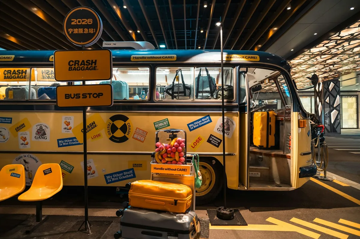 A vintage yellow coach bus decorated with stickers and loaded with luggage