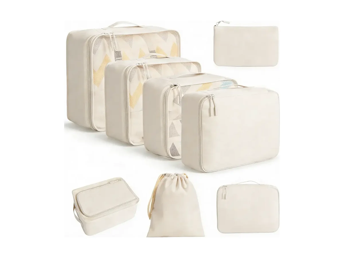 BAGAIL 8 set mesh packing cubes in cream with shoe bag, laundry bag and pouches