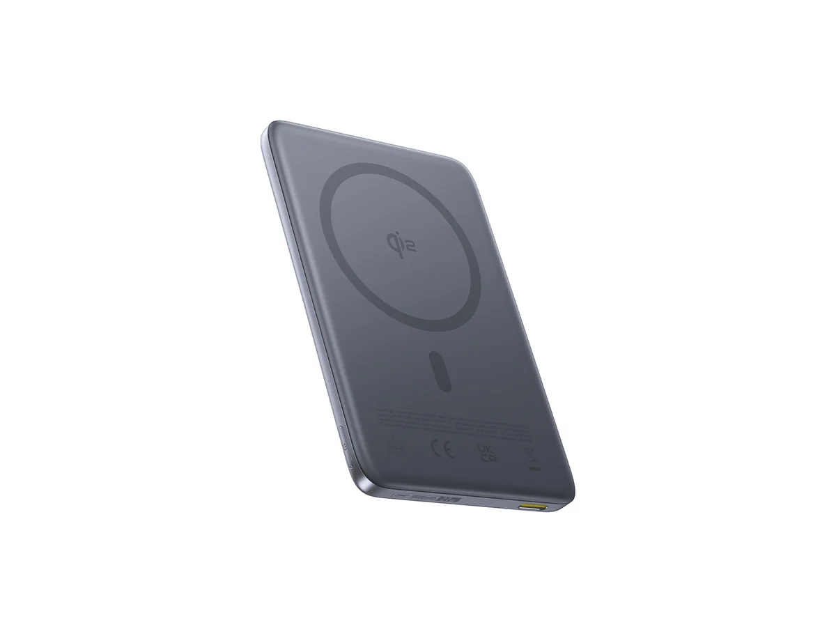 Graue ultraschlanke magnetische Baseus PicoGo Qi2-Powerbank mit Qi2-Logo und gelbem USB-C-Anschluss
